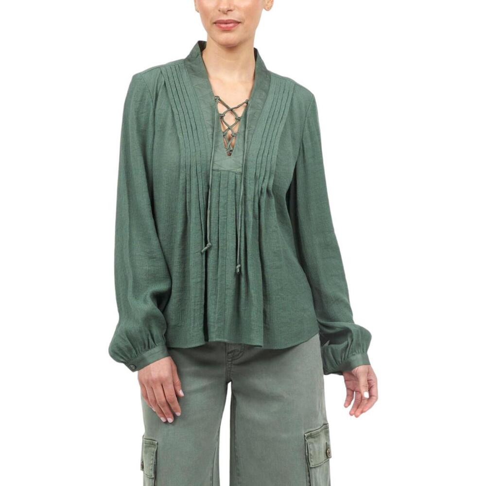 La Joie Micro Crepe Lace-Up Pleated Blouse Duck Green - Regular
